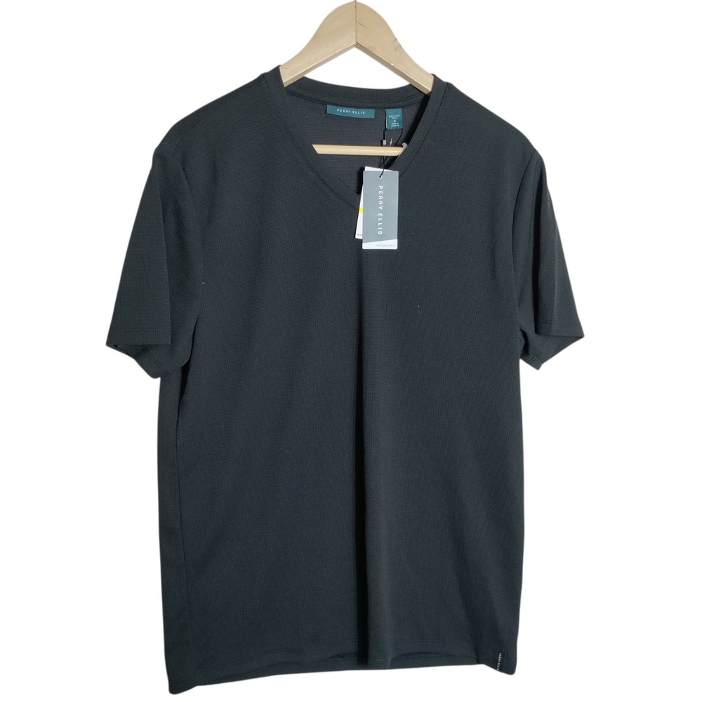 Perry Ellis Mens Performance V-Neck T-Shirt Black Textured Knit 4FMK9017 Size M